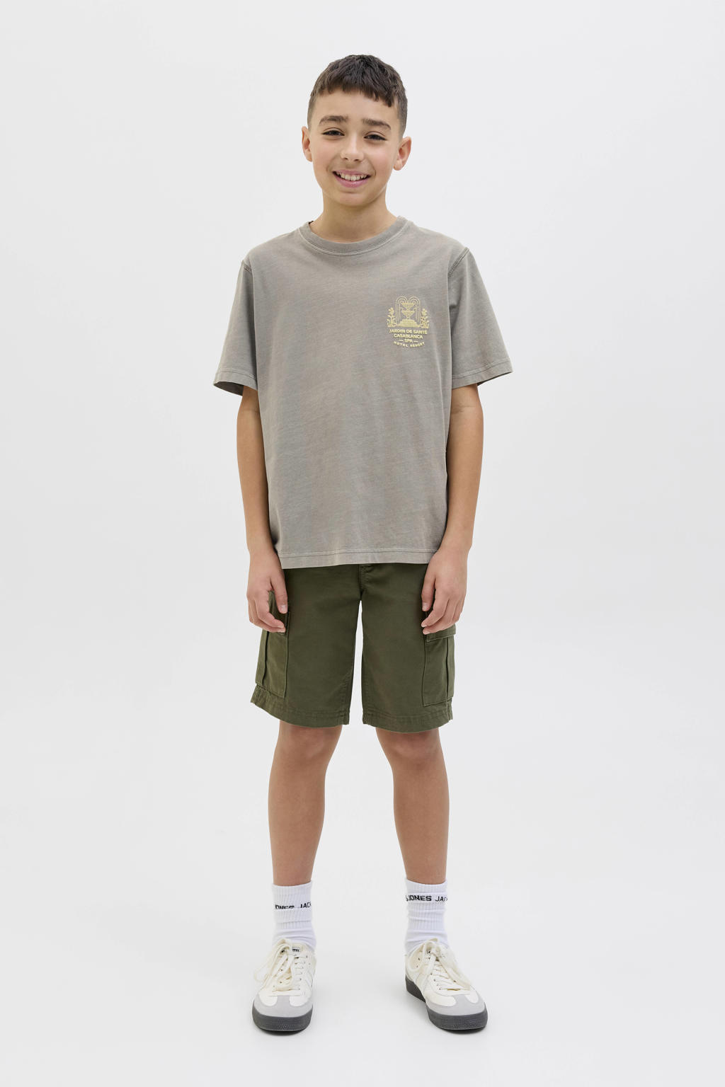 Grijze jongens JACK & JONES JUNIOR T-shirt van katoen met printopdruk, korte mouwen en ronde hals