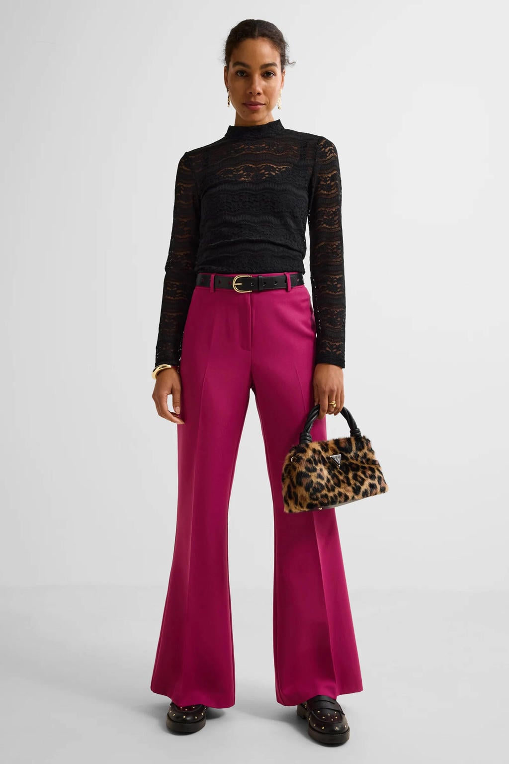 Zwarte dames Ruby kanten top kraag van nylon met effen en lange mouwen