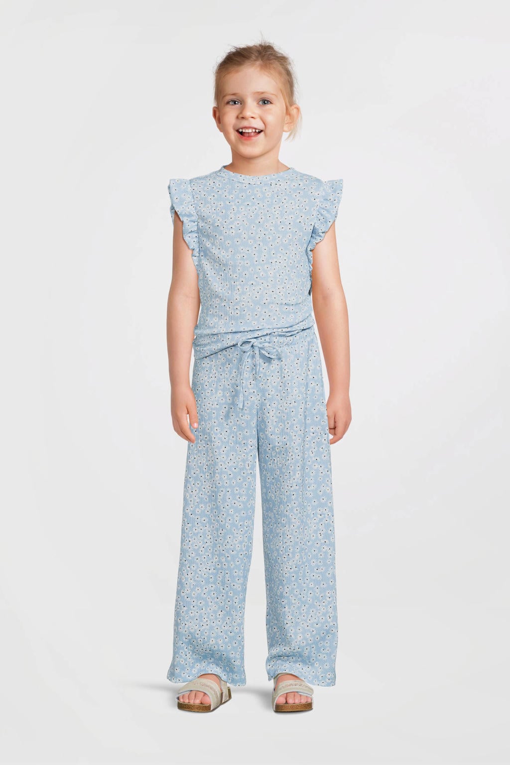 Lichtblauwe meisjes Anytime wide leg crinkle broek met elastische tailleband met koord