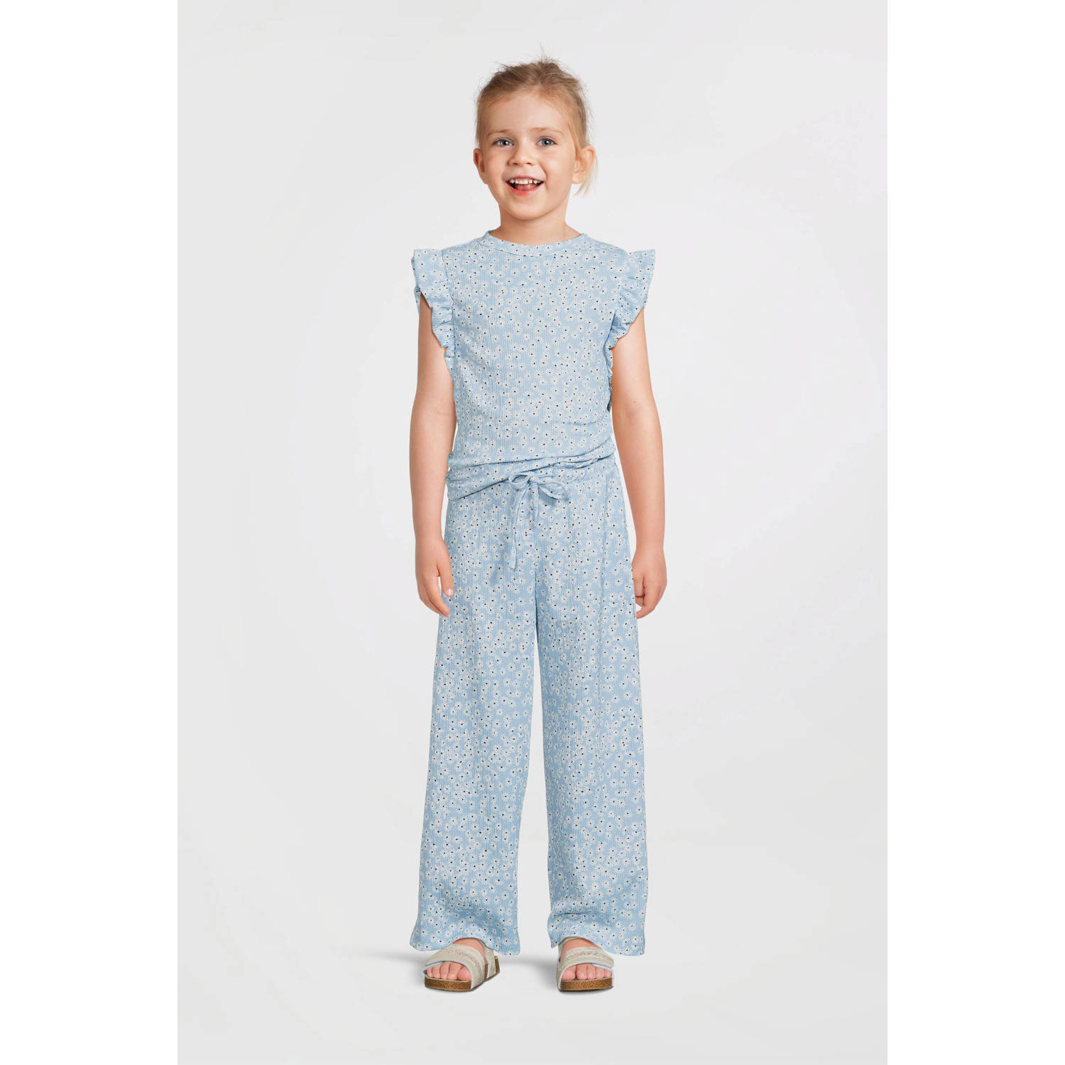 anytime wide leg crinkle broek bloemenprint lichtblauw