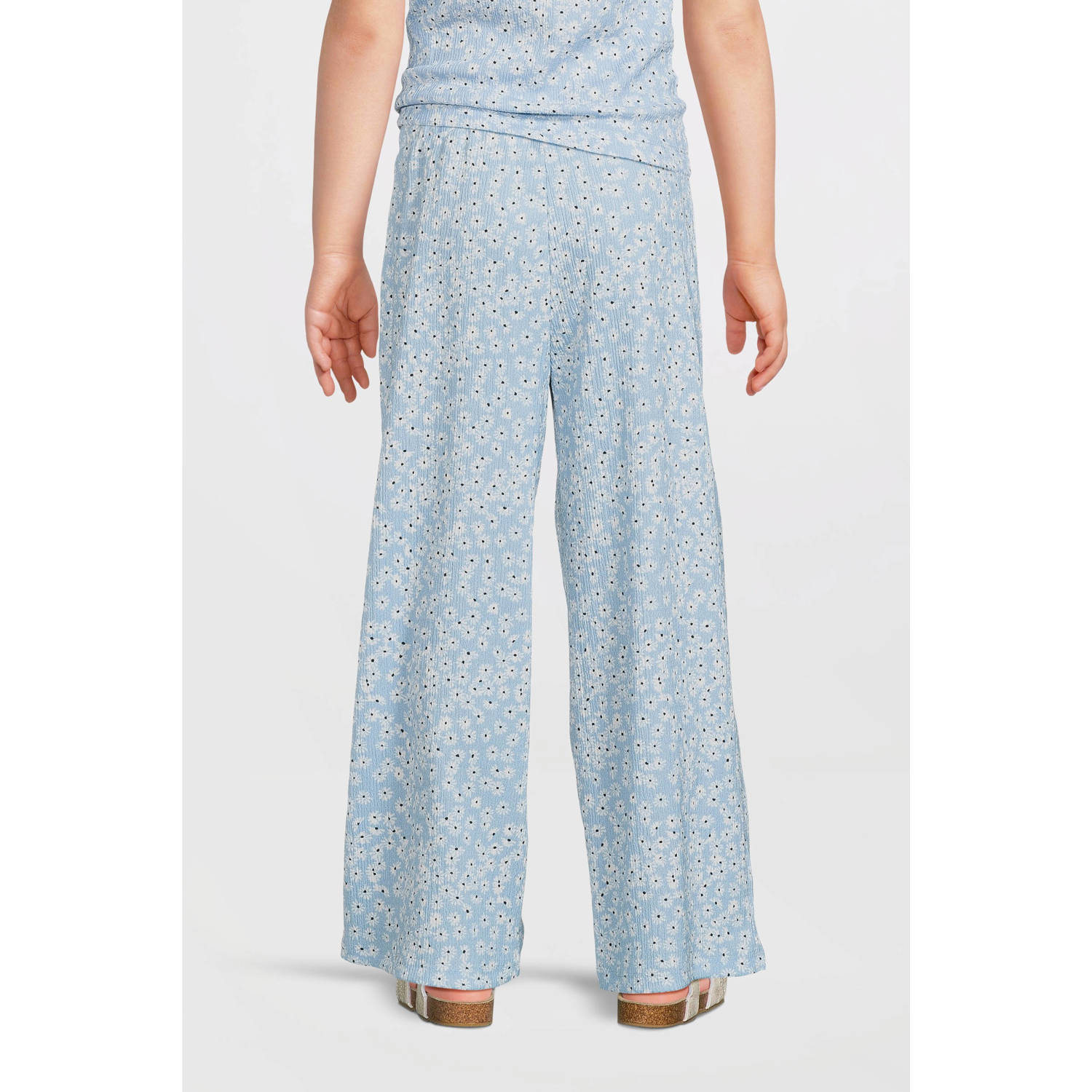 anytime wide leg crinkle broek bloemenprint lichtblauw