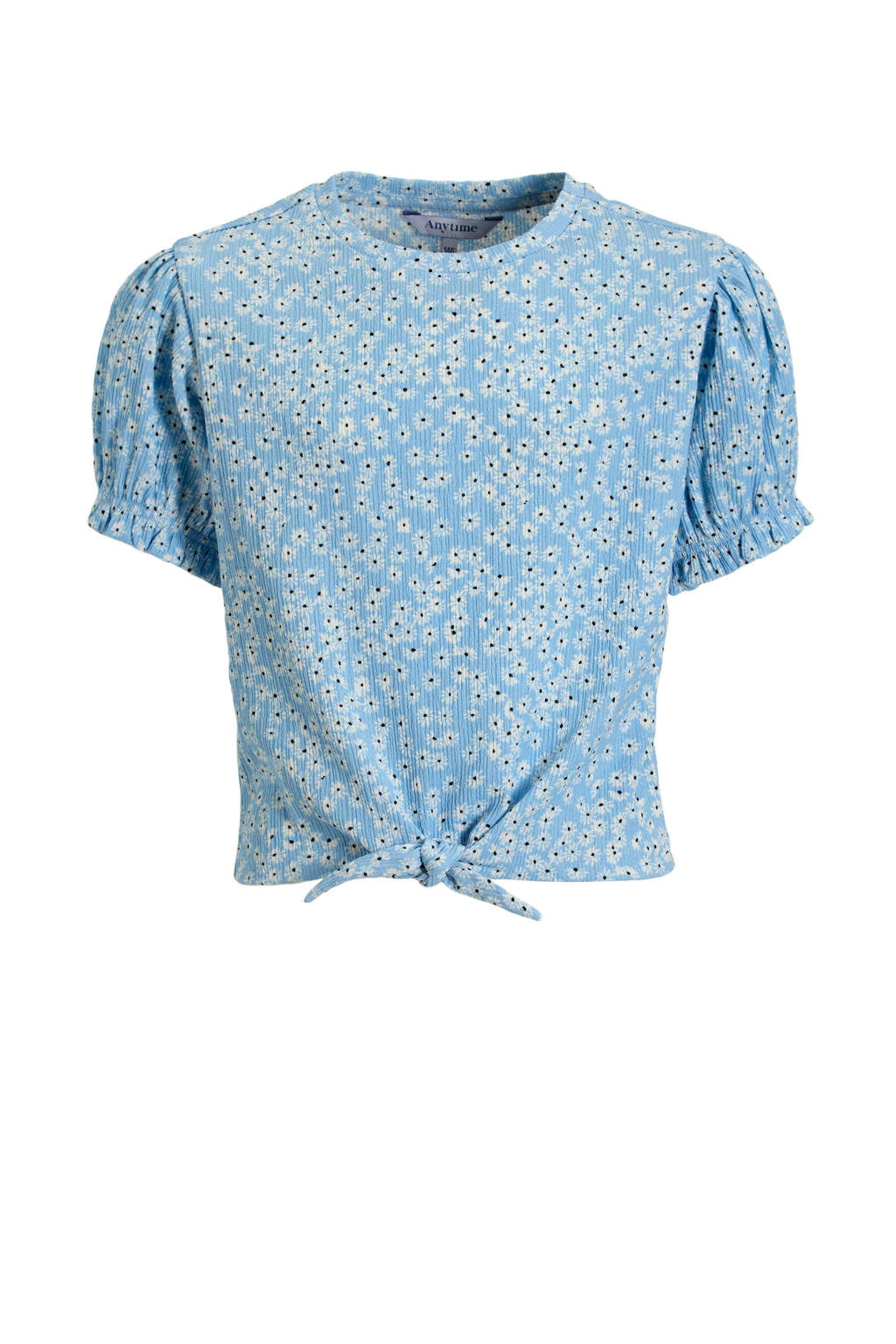 Lichtblauwe meisjes Anytime crinkle top van polyester met bloemenprint, korte mouwen en ronde hals