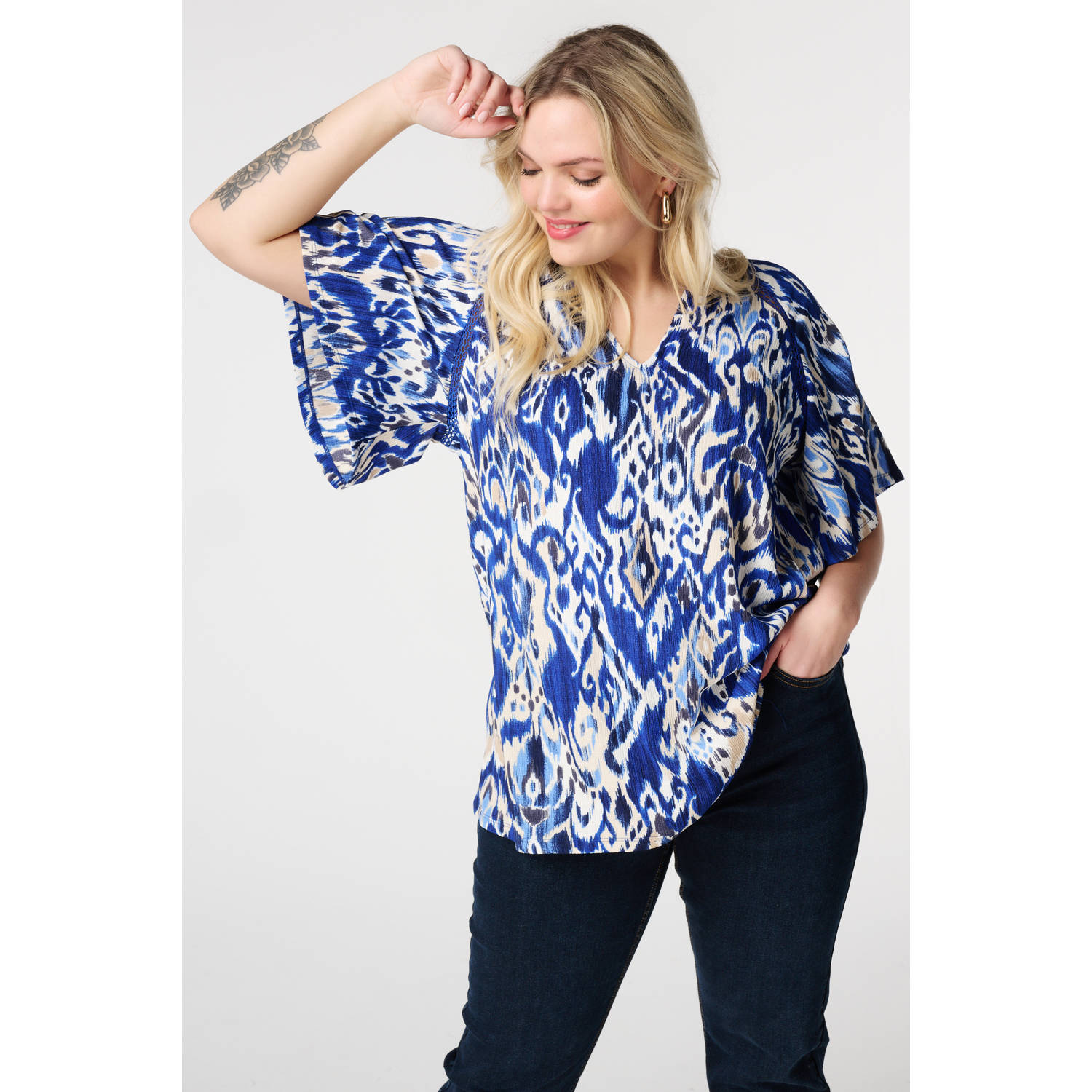 MS Mode top blauw broderie