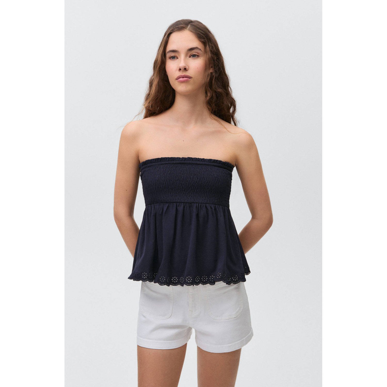 MANGO TEEN strapless top donkerblauw broderie