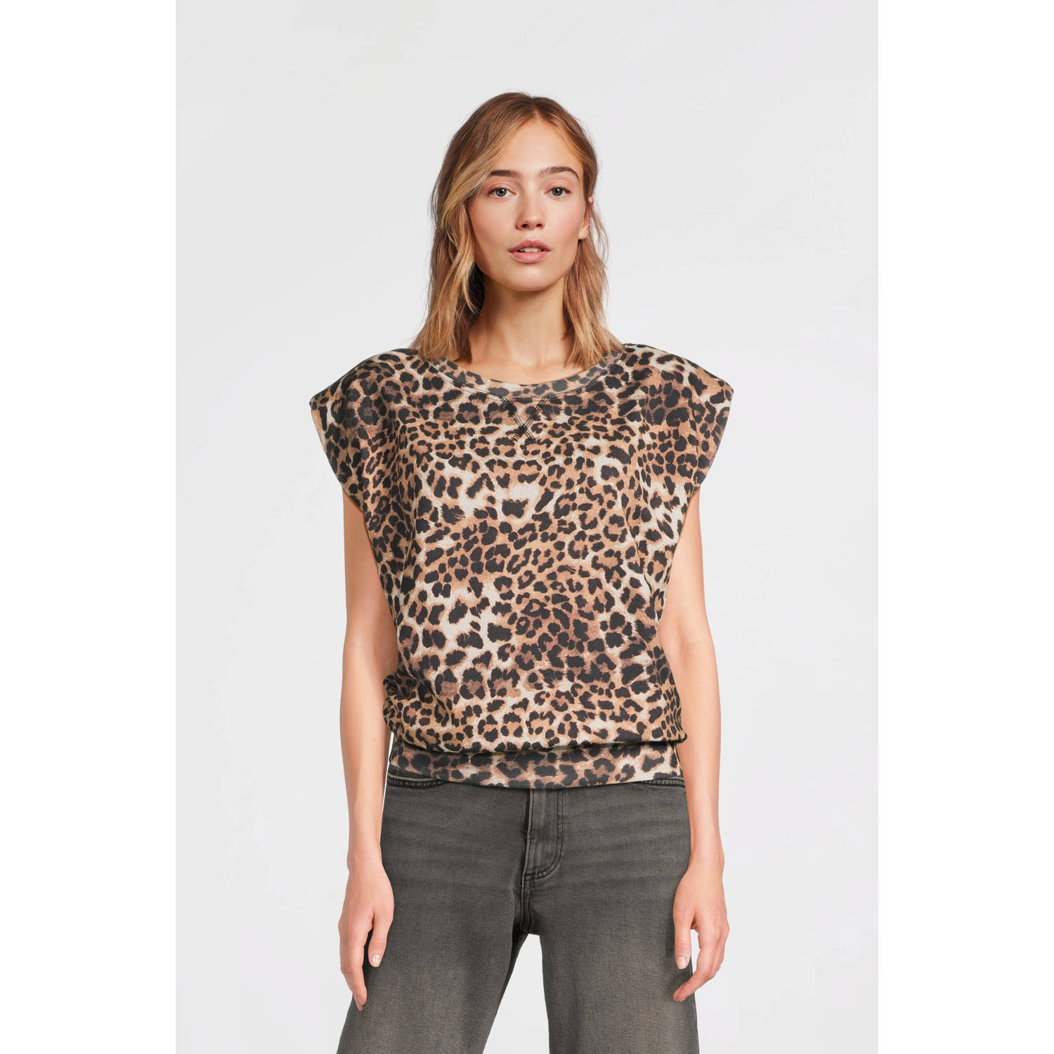 Anytime top met schoudervulling leopard print bruin zwart