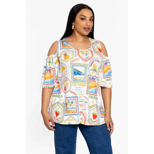 YOEK off shoulder top beige – Beige/oranje/blauw