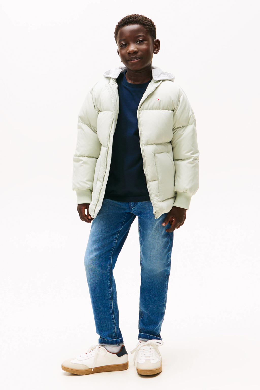 Lichtgroene jongens Tommy Hilfiger gewatteerde jas van polyester met effen, lange mouwen, capuchon en ritssluiting