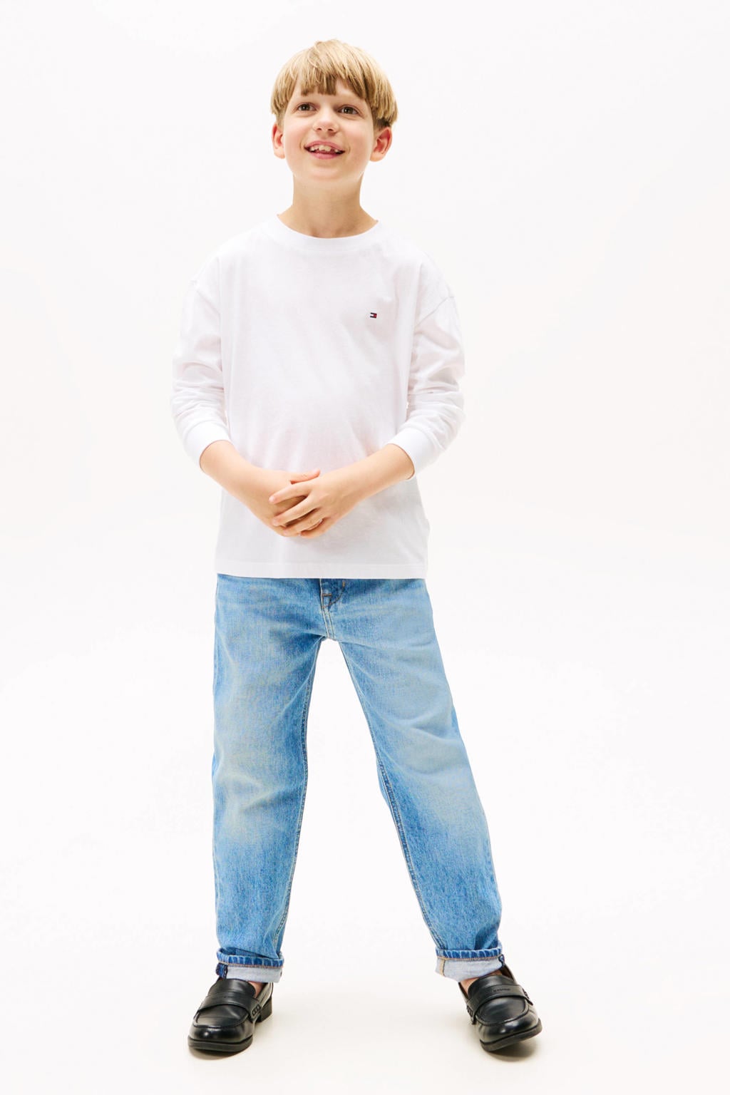 Witte jongens Tommy Hilfiger longsleeve van katoen met effen, lange mouwen, ronde hals en geribde boorden
