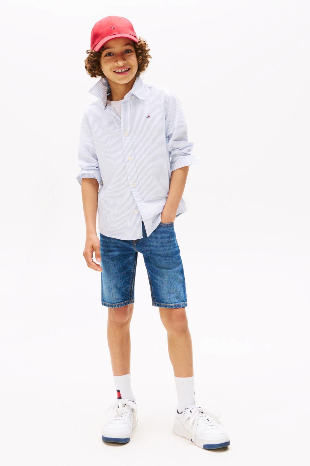 Blauw, lichtblauw en witte jongens Tommy Hilfiger overhemd van stretchkatoen met strepenprint, lange mouwen, klassieke kraag en knoopsluiting