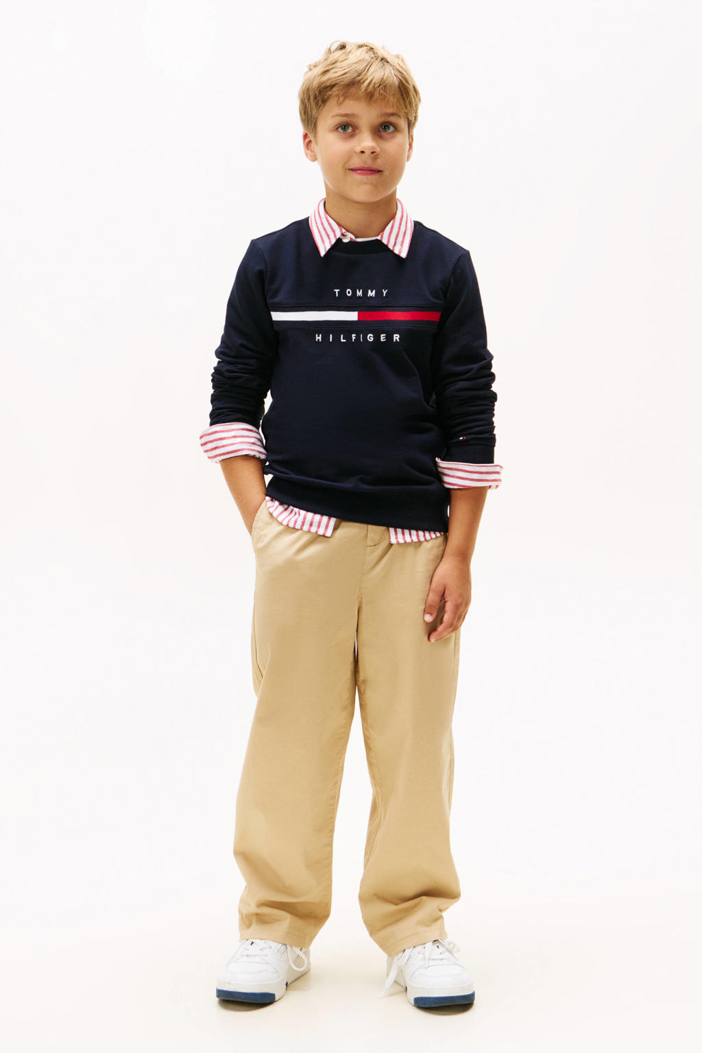 Beige jongens Tommy Hilfiger casual broek van stretchkatoen met rits- en knoopsluiting en effen