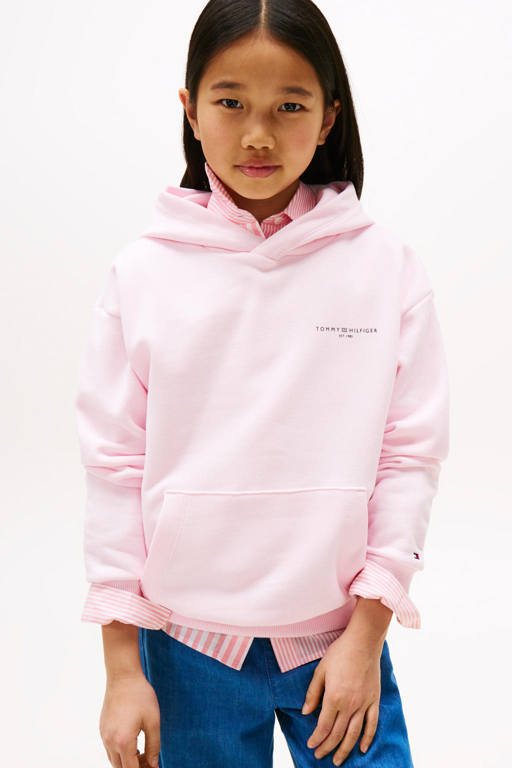 Lichtroze jongens en meisjes Tommy Hilfiger hoodie van katoen met effen, lange mouwen en capuchon