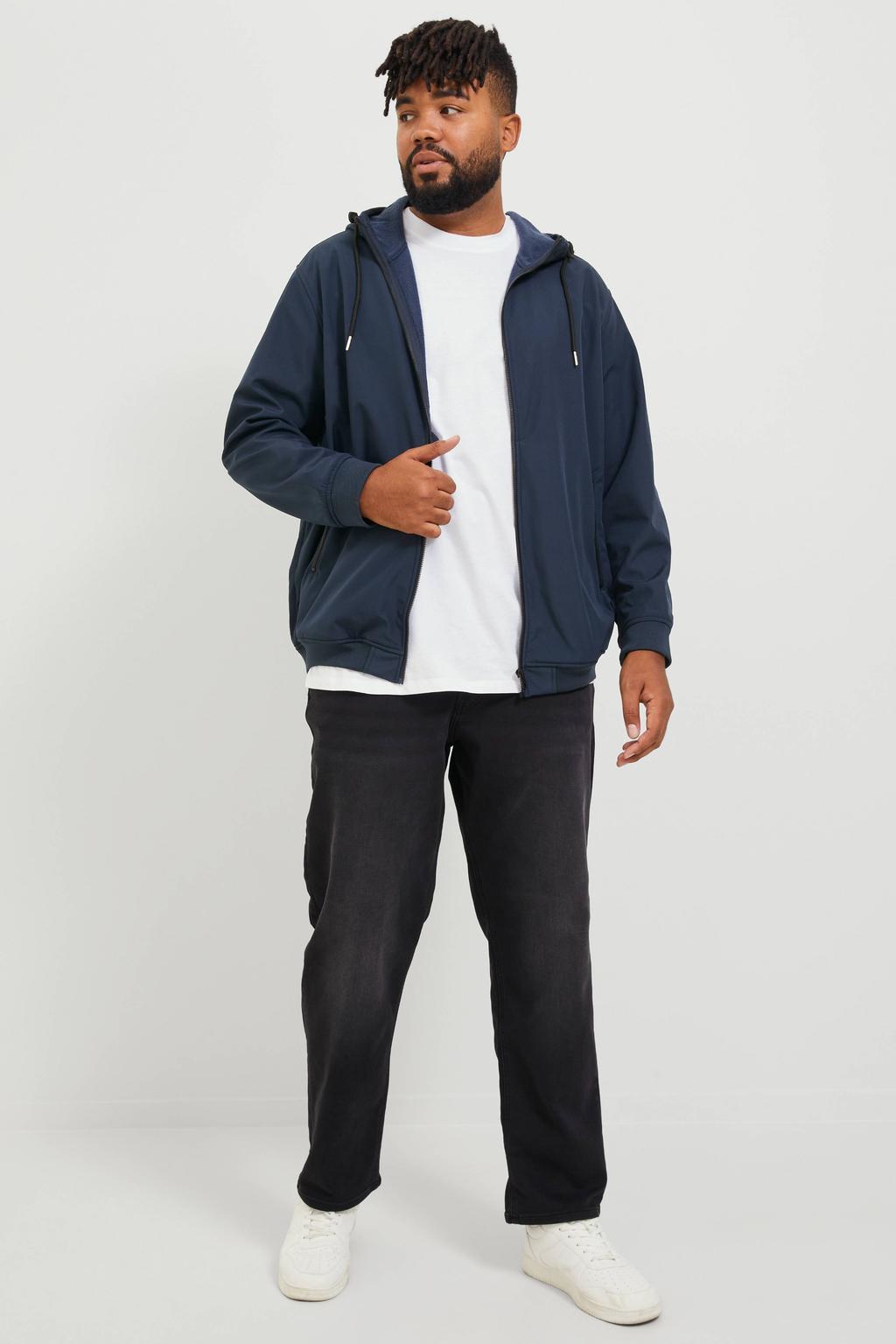 Blauwe heren JACK & JONES PLUS SIZE softshell jas met effen, lange mouwen, capuchon, ritssluiting en geribde boorden