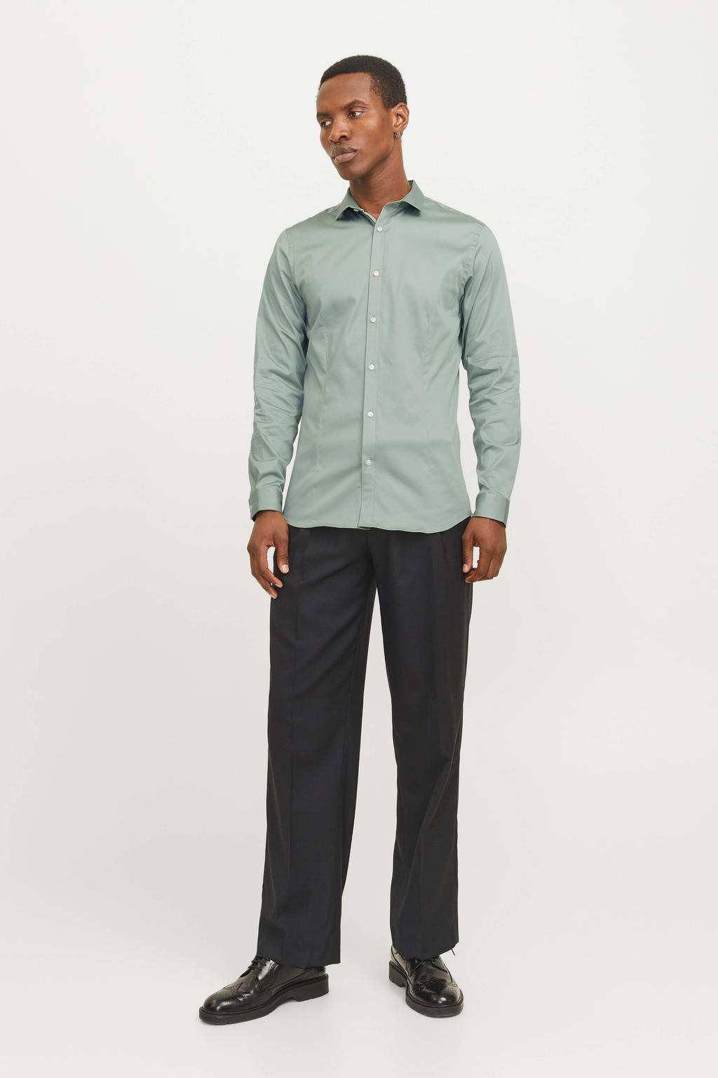 Grijsgroene heren JACK & JONES PREMIUM super slim fit overhemd groen van katoen met effen, lange mouwen en polo kraag