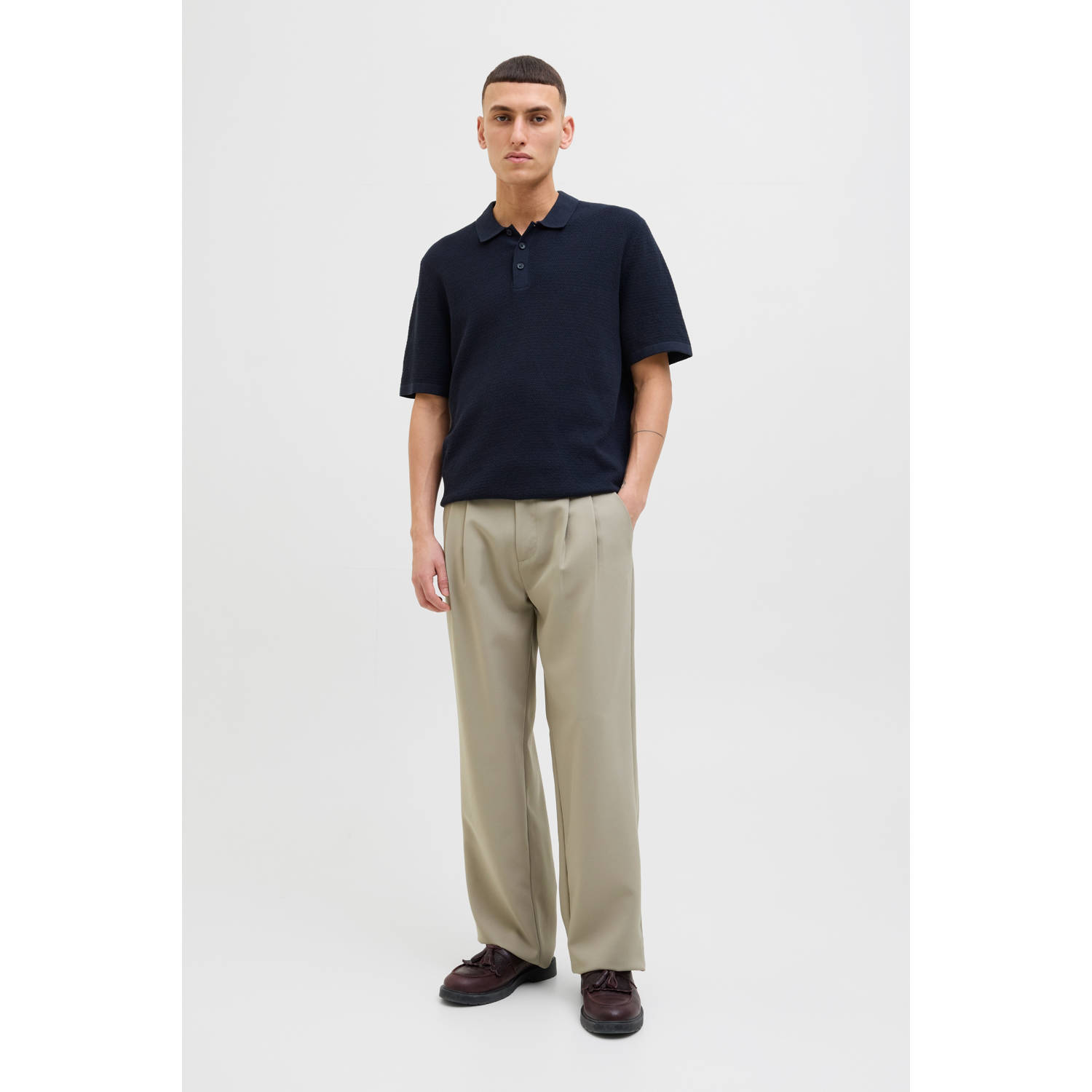 JACK & JONES ESSENTIALS relaxed polo gebreid donkerblauw