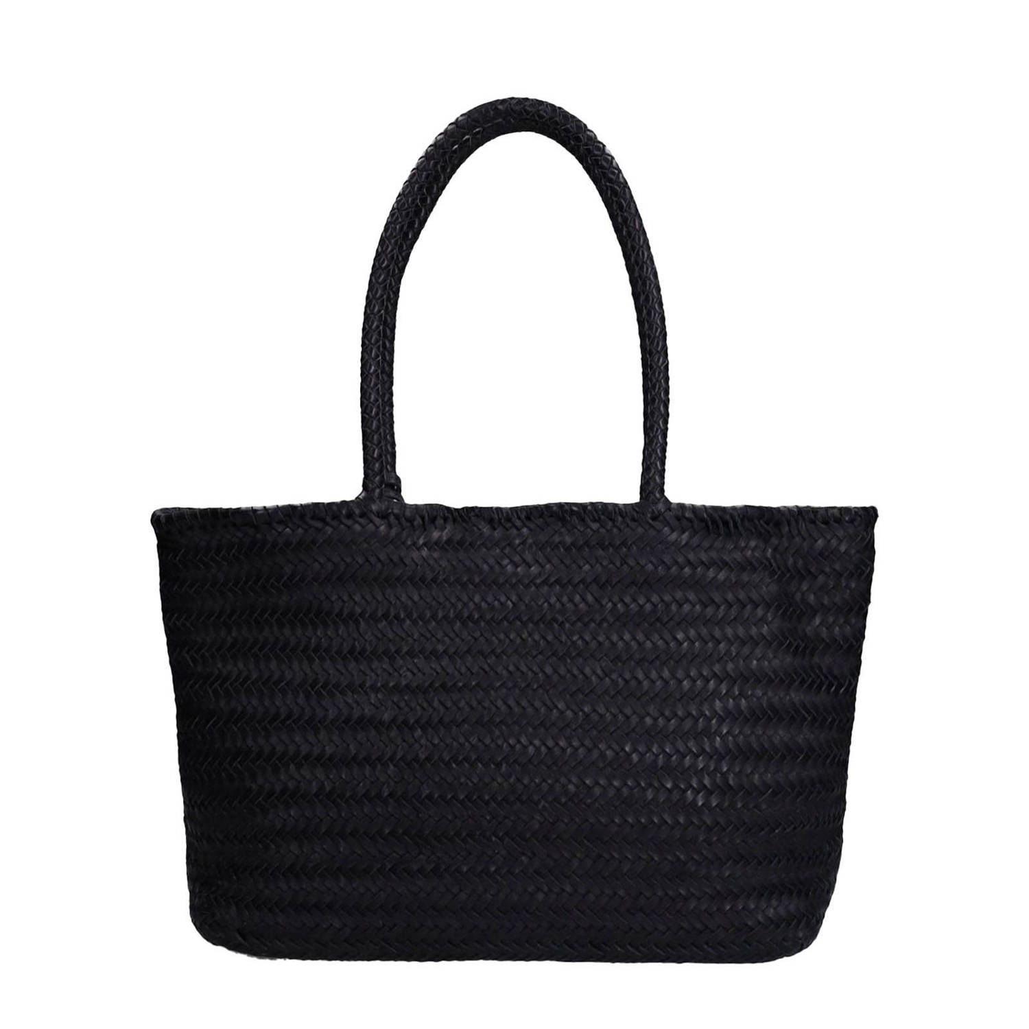 Manfield leren gevlochten shopper zwart