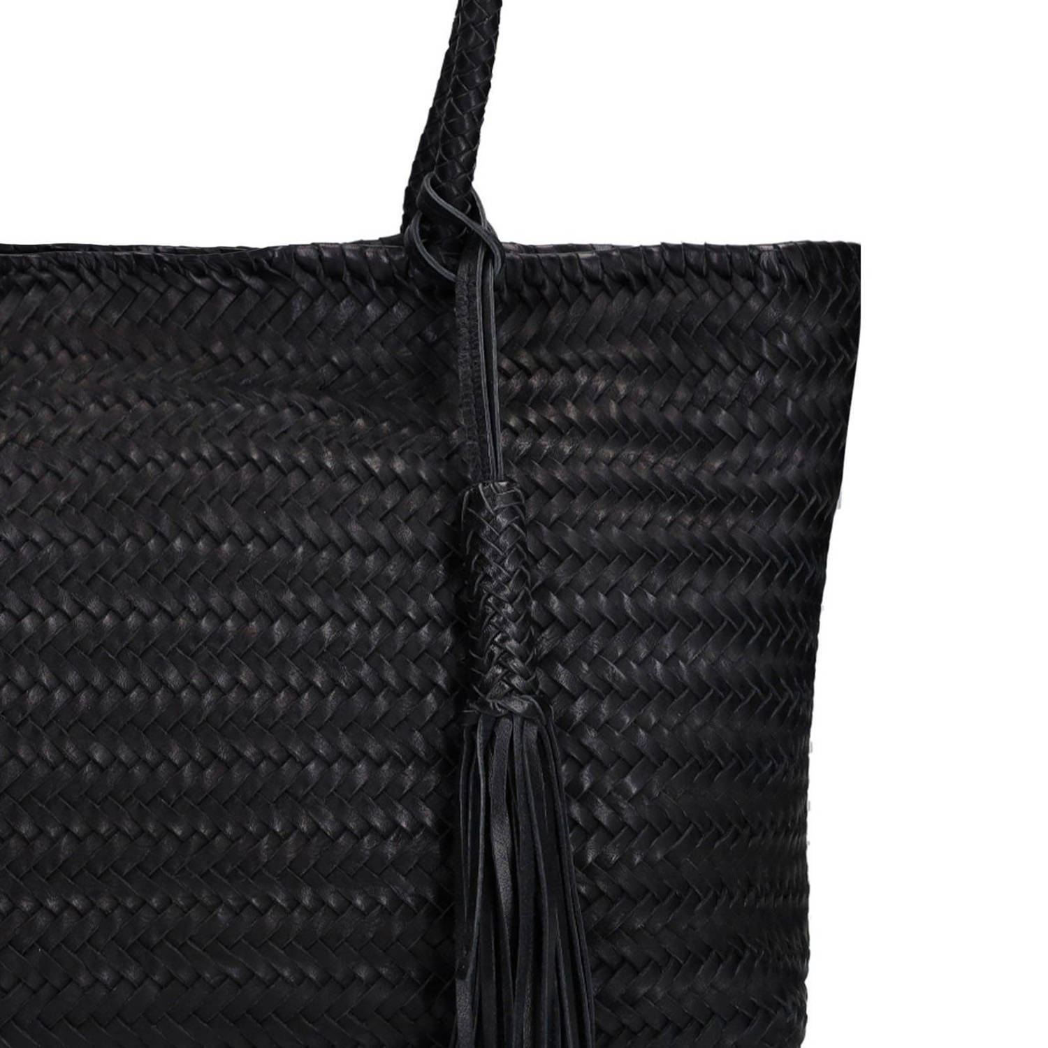 Manfield leren gevlochten shopper zwart