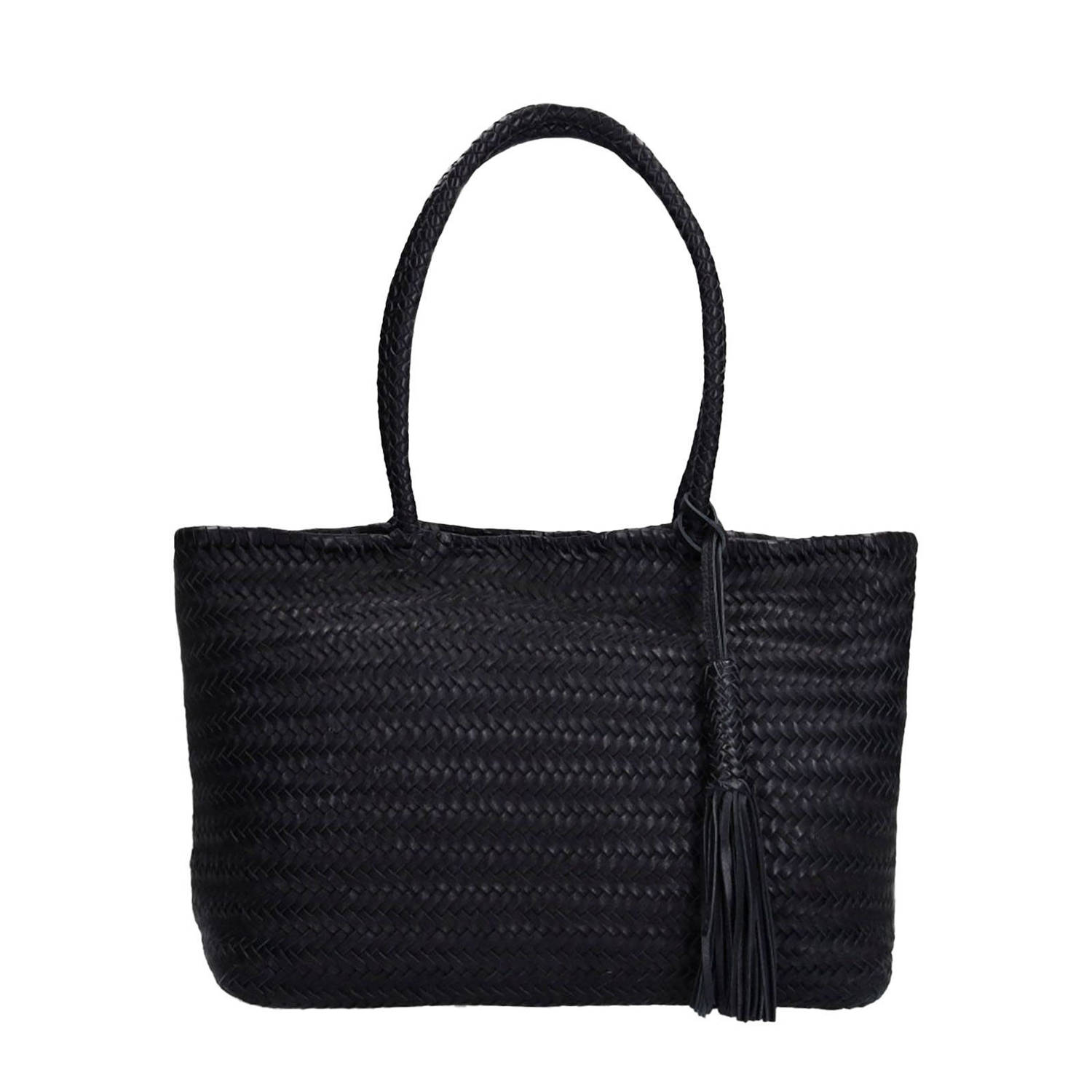Manfield leren gevlochten shopper zwart