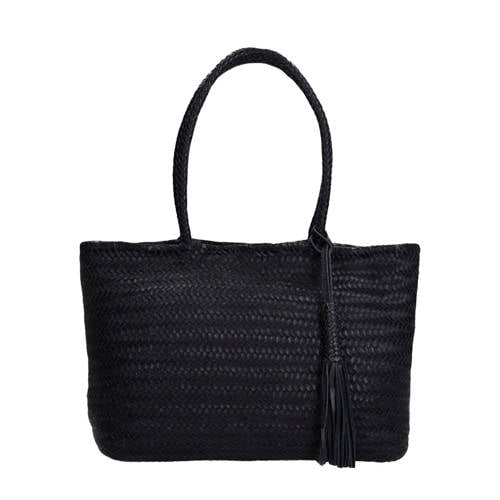 Manfield leren gevlochten shopper zwart afbeelding