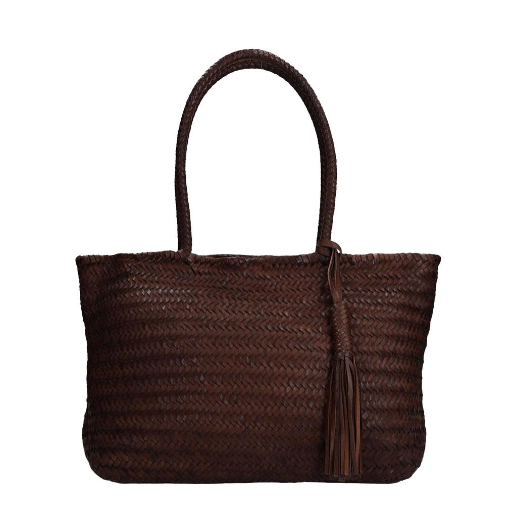 Manfield leren gevlochten shopper bruin