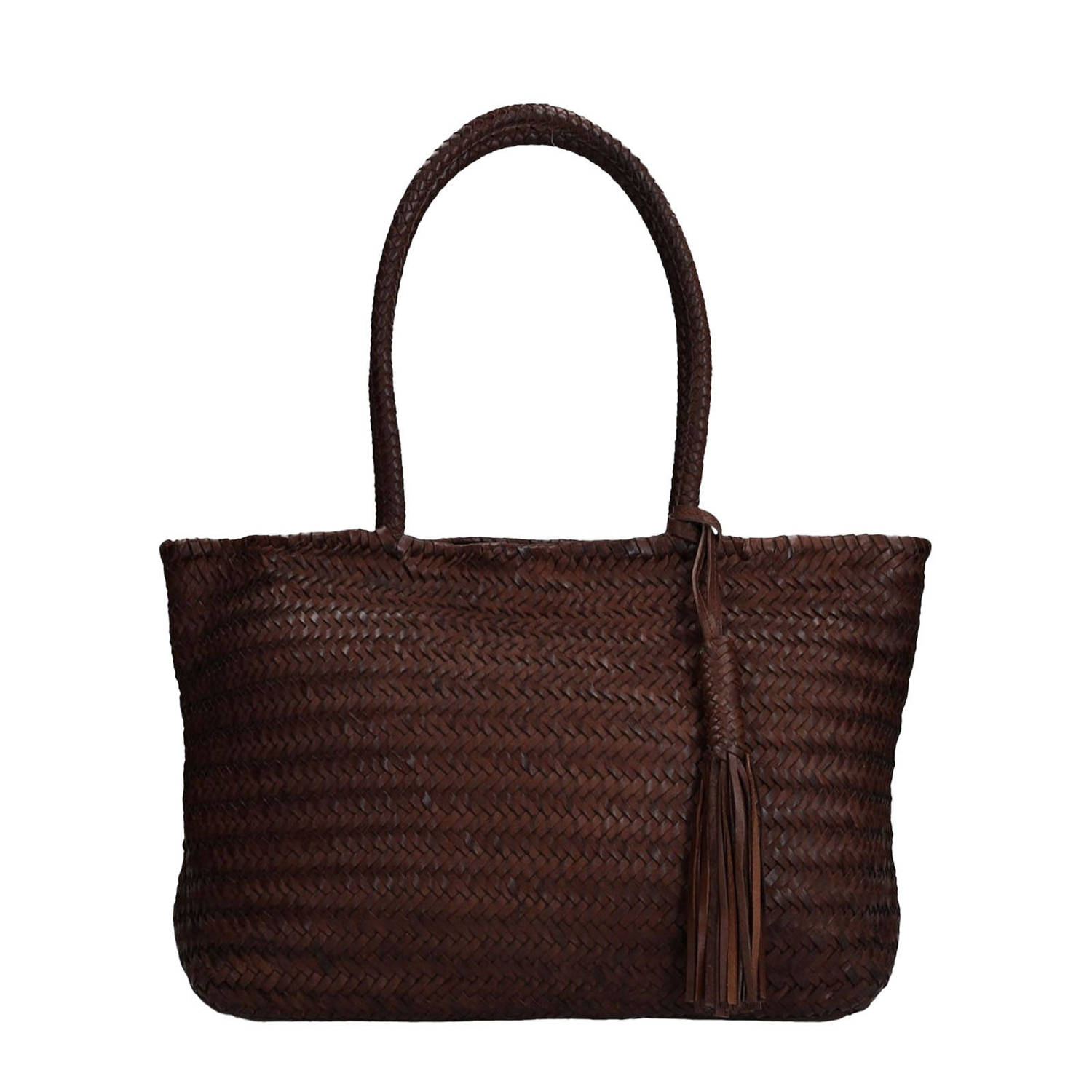 Manfield leren gevlochten shopper bruin