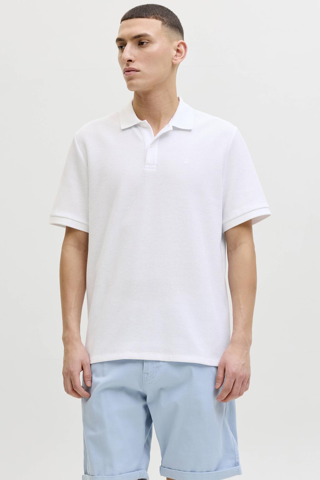 Witte heren JACK & JONES ESSENTIALS regular polo met effen, korte mouwen, knoopsluiting en borduursels