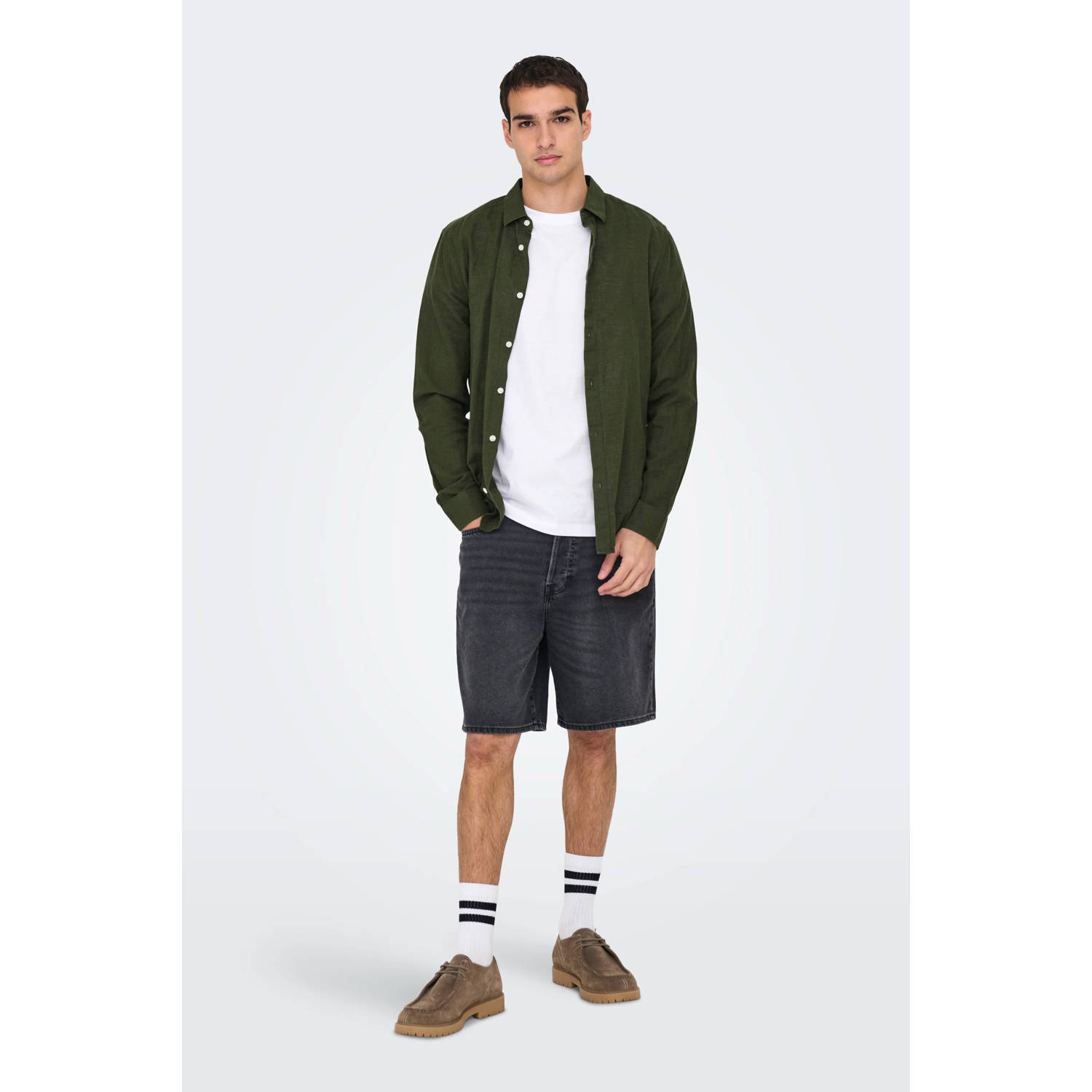 ONLY & SONS linnen casual overhemd donkergroen