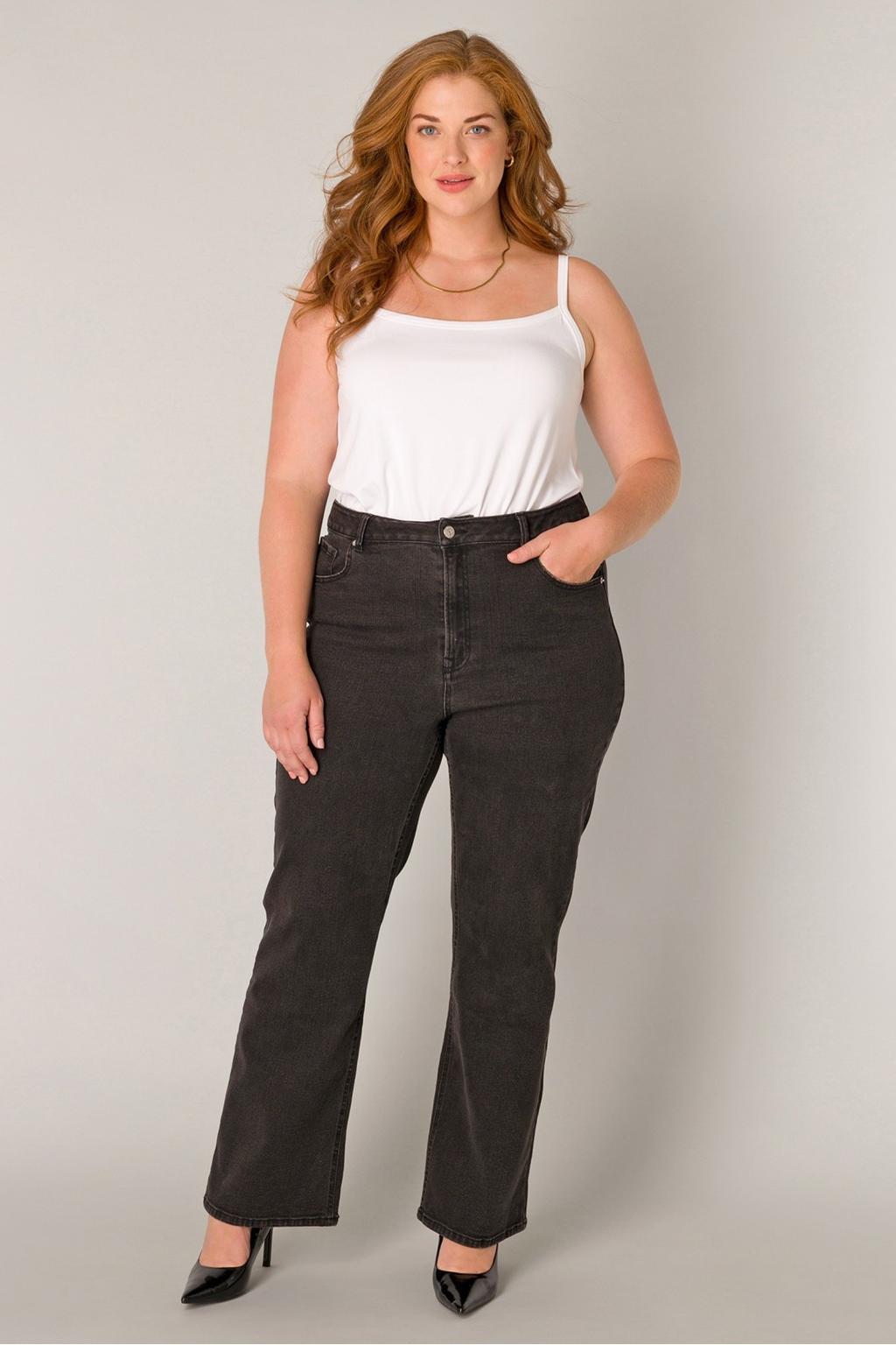 Black denim dames Base Level Curvy high waist wide leg jeans black van denim met rits- en knoopsluiting en effen