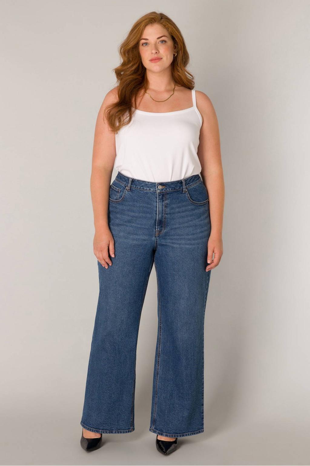 Medium blue denim dames Base Level Curvy high waist wide leg jeans van denim met rits- en knoopsluiting en effen