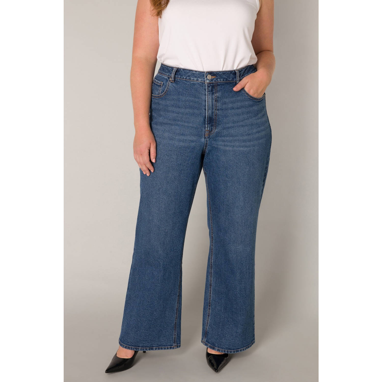 Base Level Curvy high waist wide leg jeans medium blue denim
