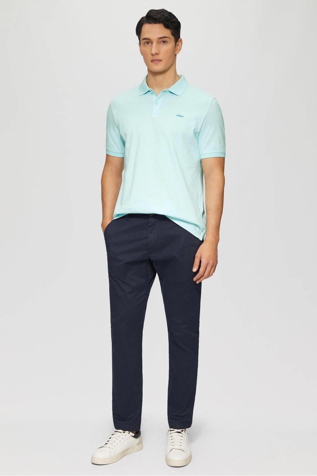 Mintgroene heren s.Oliver regular polo van katoen met effen, korte mouwen, knoopsluiting en borduursels