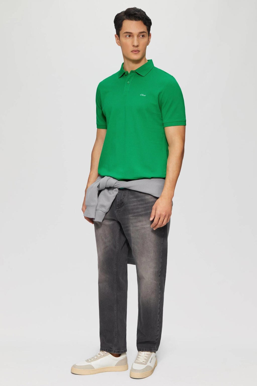 Groene heren s.Oliver regular polo van katoen met effen, korte mouwen, knoopsluiting en borduursels