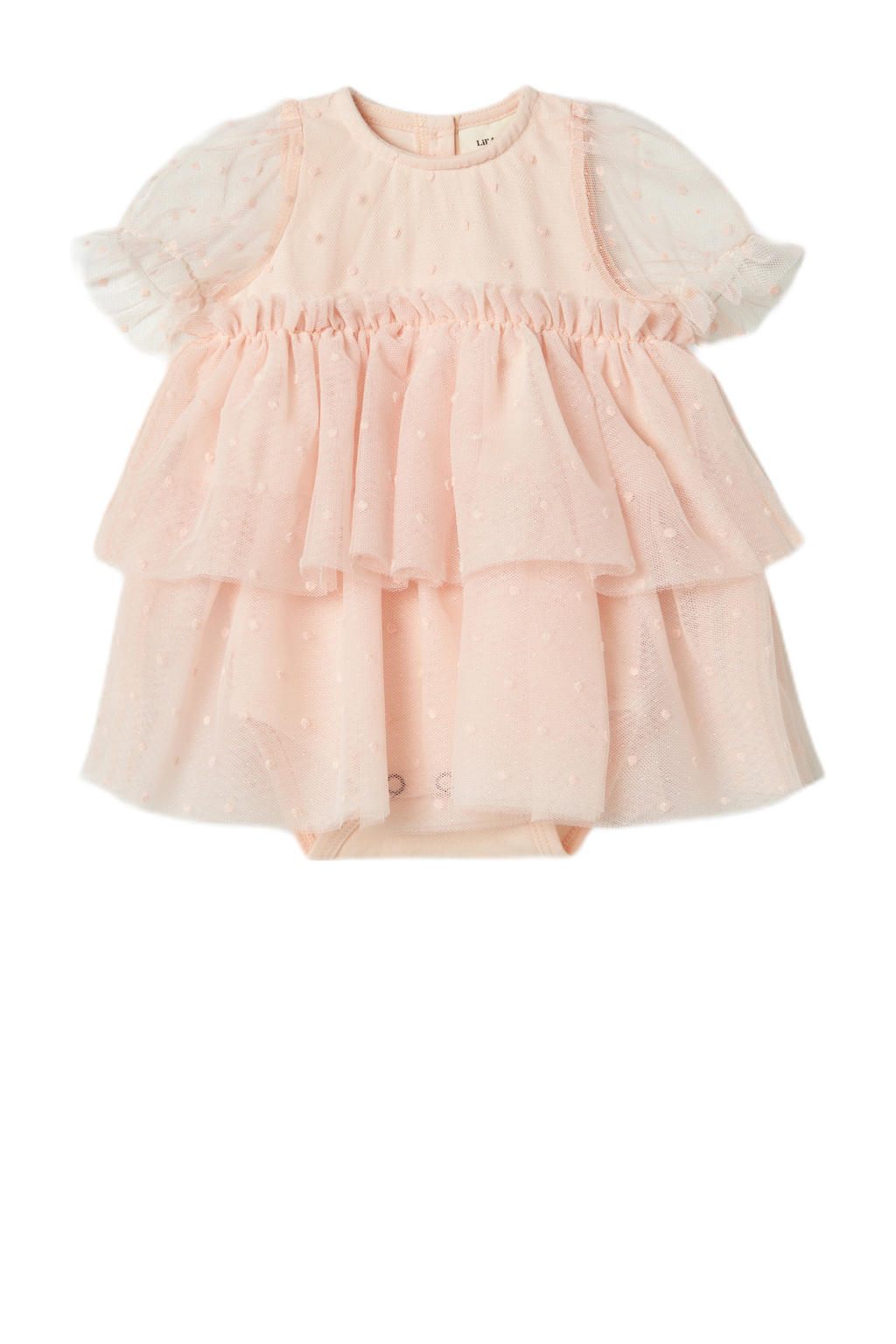 Lichtroze meisjes LIL' ATELIER BABY korte jurk van polyester met effen, korte mouwen en ronde hals