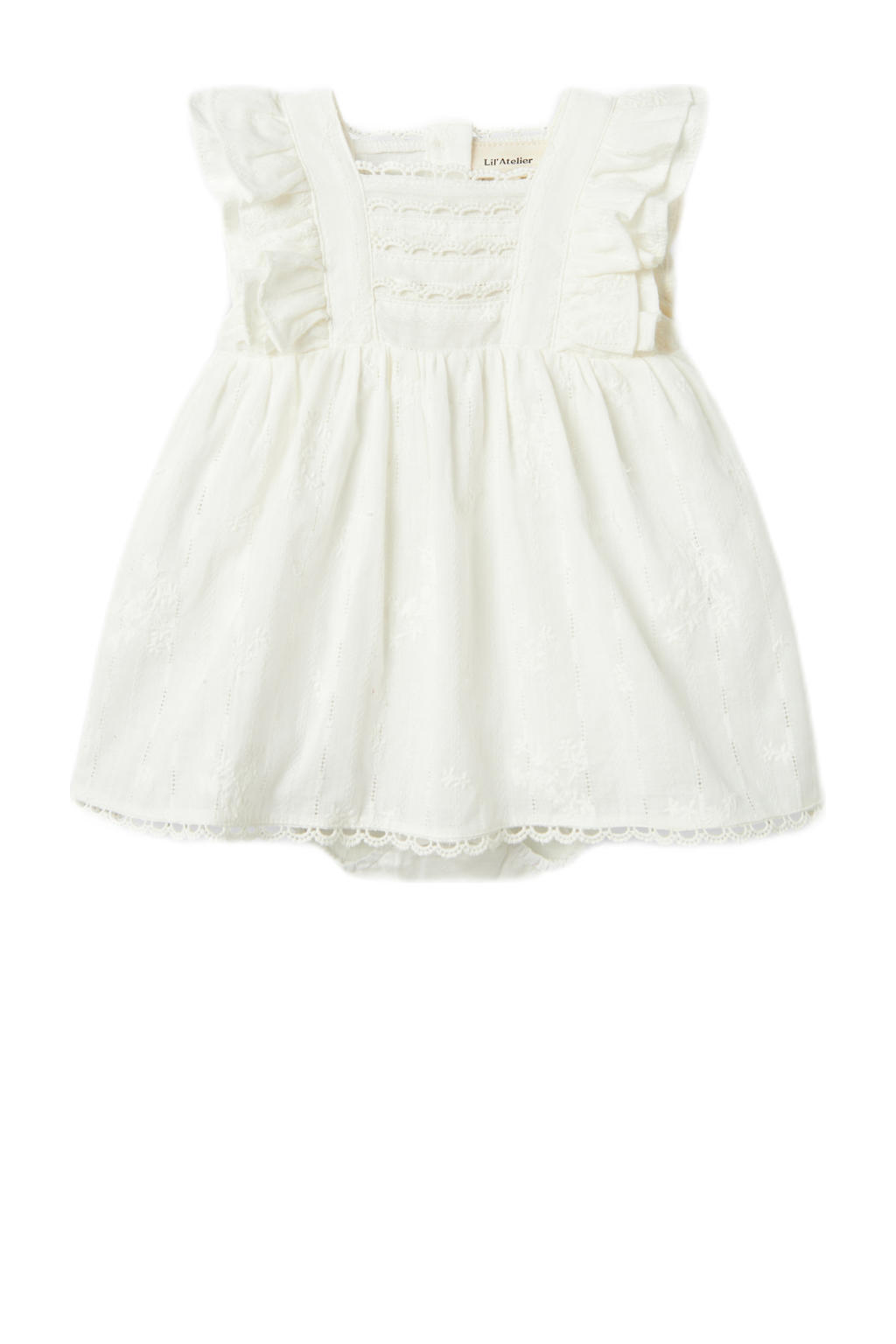 Witte meisjes LIL' ATELIER BABY romperjurk van katoen met effen, ronde hals, knoopsluiting en geweven detail