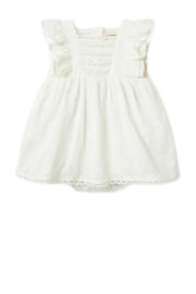 thumbnail: Witte meisjes LIL' ATELIER BABY romperjurk van katoen met effen, ronde hals, knoopsluiting en geweven detail