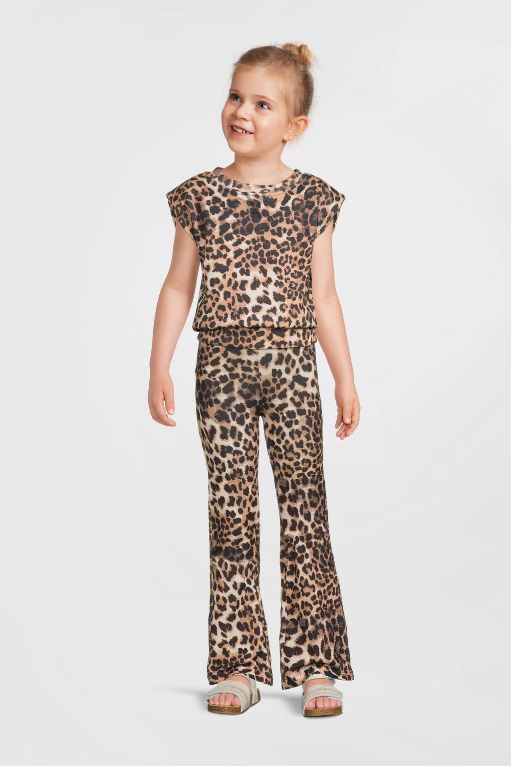 Bruin en zwarte meisjes Anytime sweat top met dierenprint, korte mouwen en ronde hals