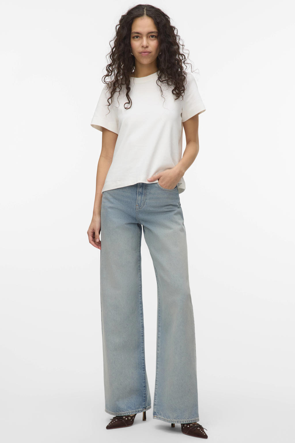 Lichtblauwe dames VERO MODA high waist wide leg jeans van denim met rits- en knoopsluiting en effen
