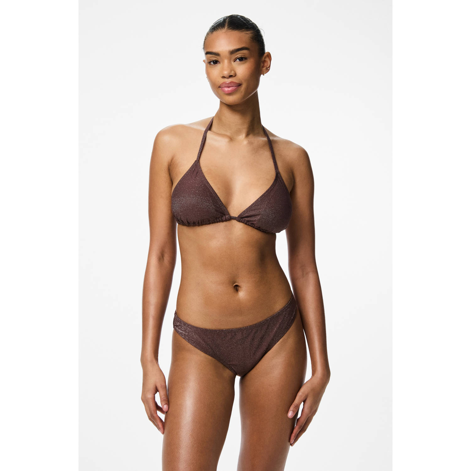 PIECES triangel bikinitop PCBAOMI met lurex bruin