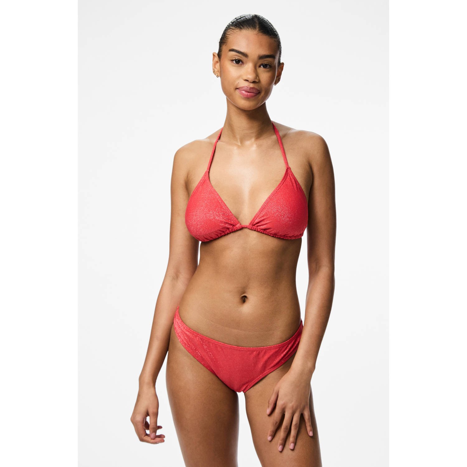 PIECES triangel bikinitop PCLAOMI met lurex koraalrood