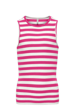 mouwloze top rib gebreid fuchsia/wit