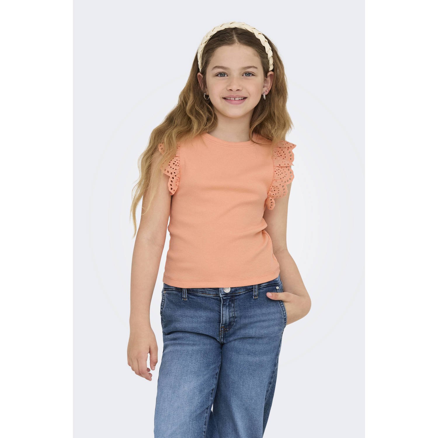 ONLY KIDS GIRL mouwloze top zalm broderie