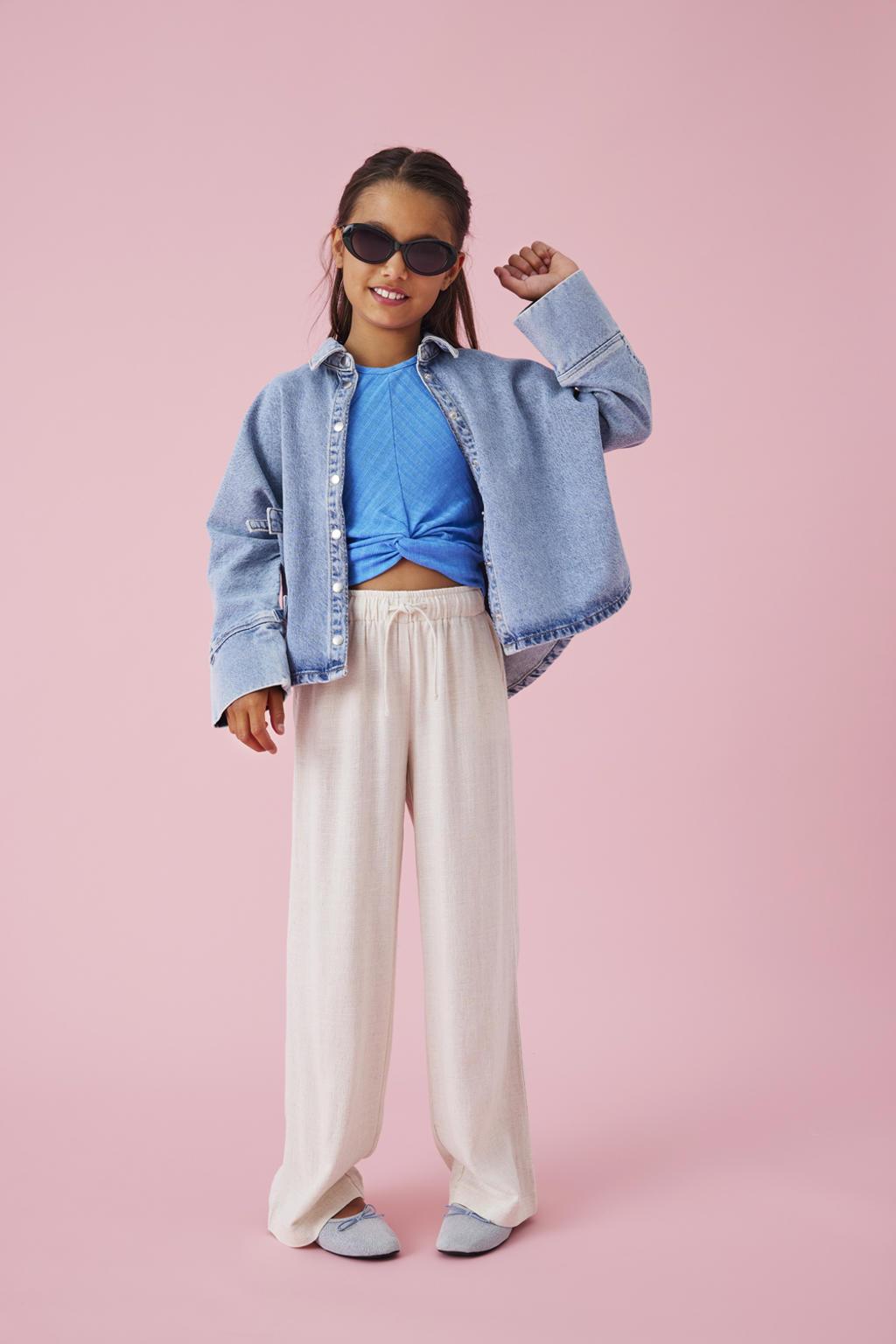 Ecru meisjes KIDS ONLY GIRL straight casual broek van viscose met elastische tailleband met koord en effen