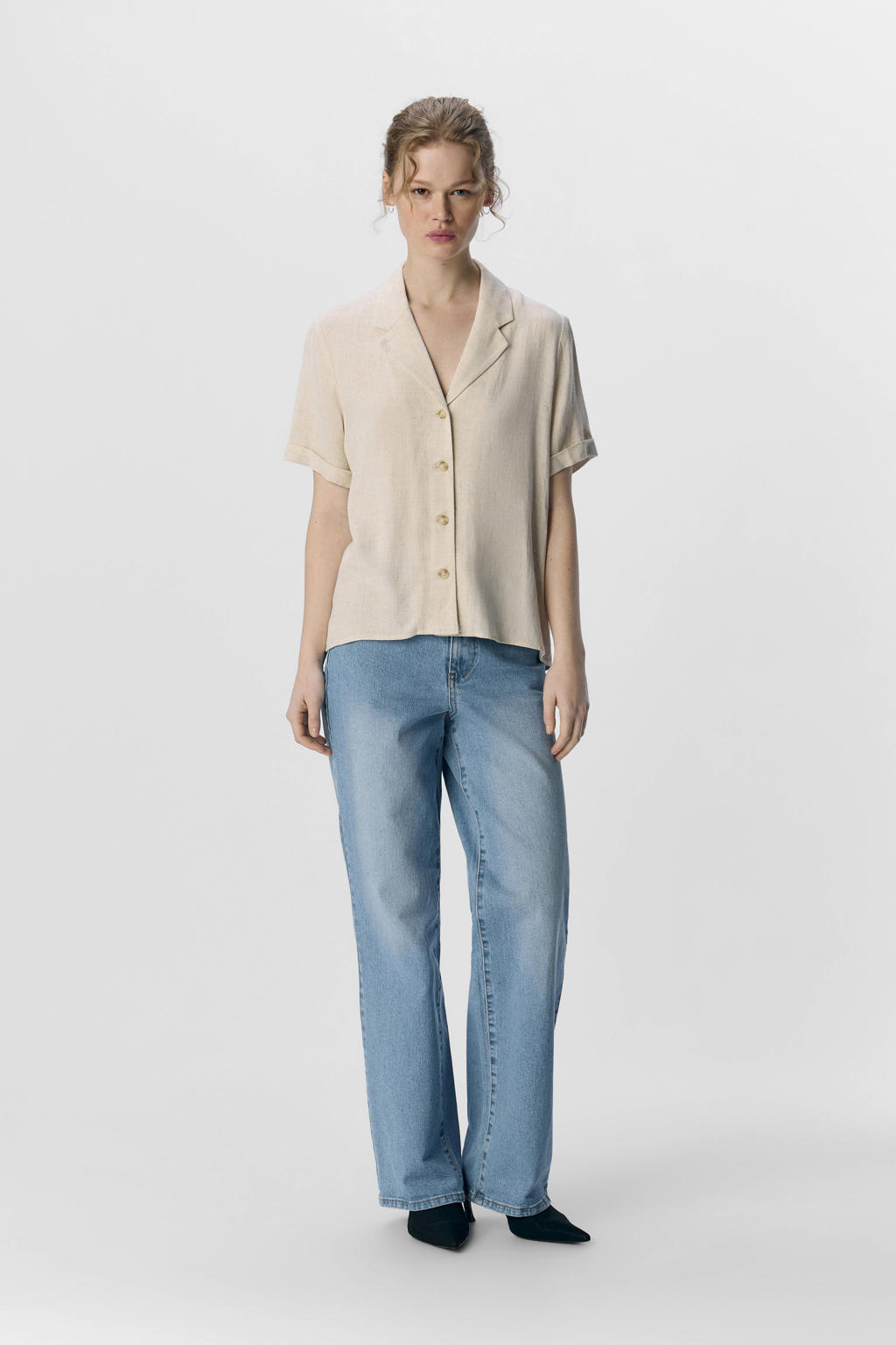 Lichtgrijze dames OBJECT blouse van linnen met effen, korte mouwen, reverskraag, knoopsluiting en geweven detail
