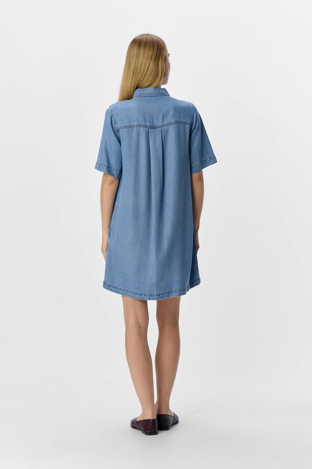 Light blue denim dames OBJECT blousejurk van denim met effen, half lange mouwen, klassieke kraag en knoopsluiting