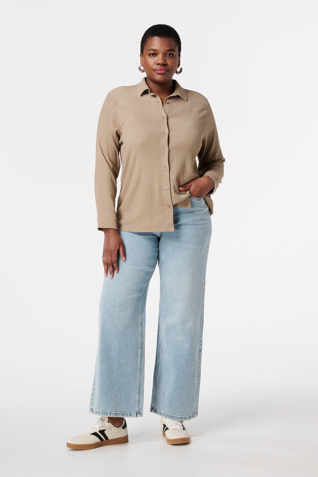 Taupe dames MS Mode blouse van polyester met effen, lange mouwen, klassieke kraag en knoopsluiting