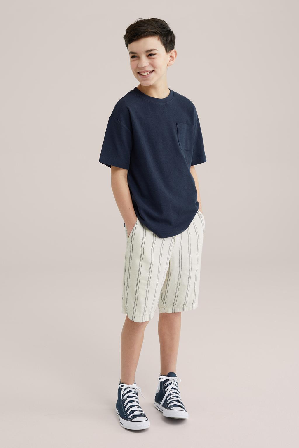 Donkerblauwe jongens WE Fashion Blue Ridge T-shirt fijn gebreid van katoen met effen, korte mouwen en ronde hals