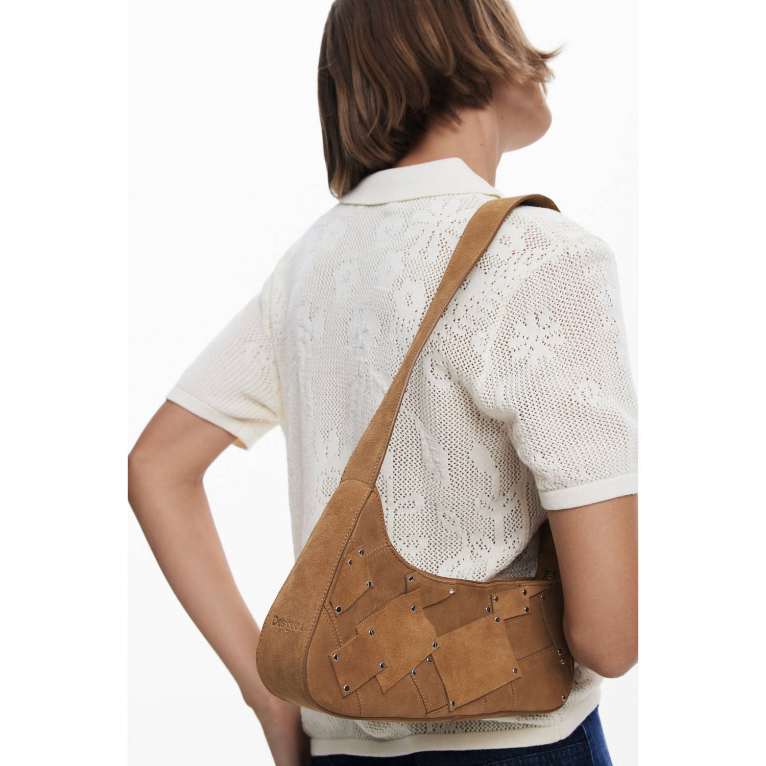 Desigual suede schoudertas met studs camel