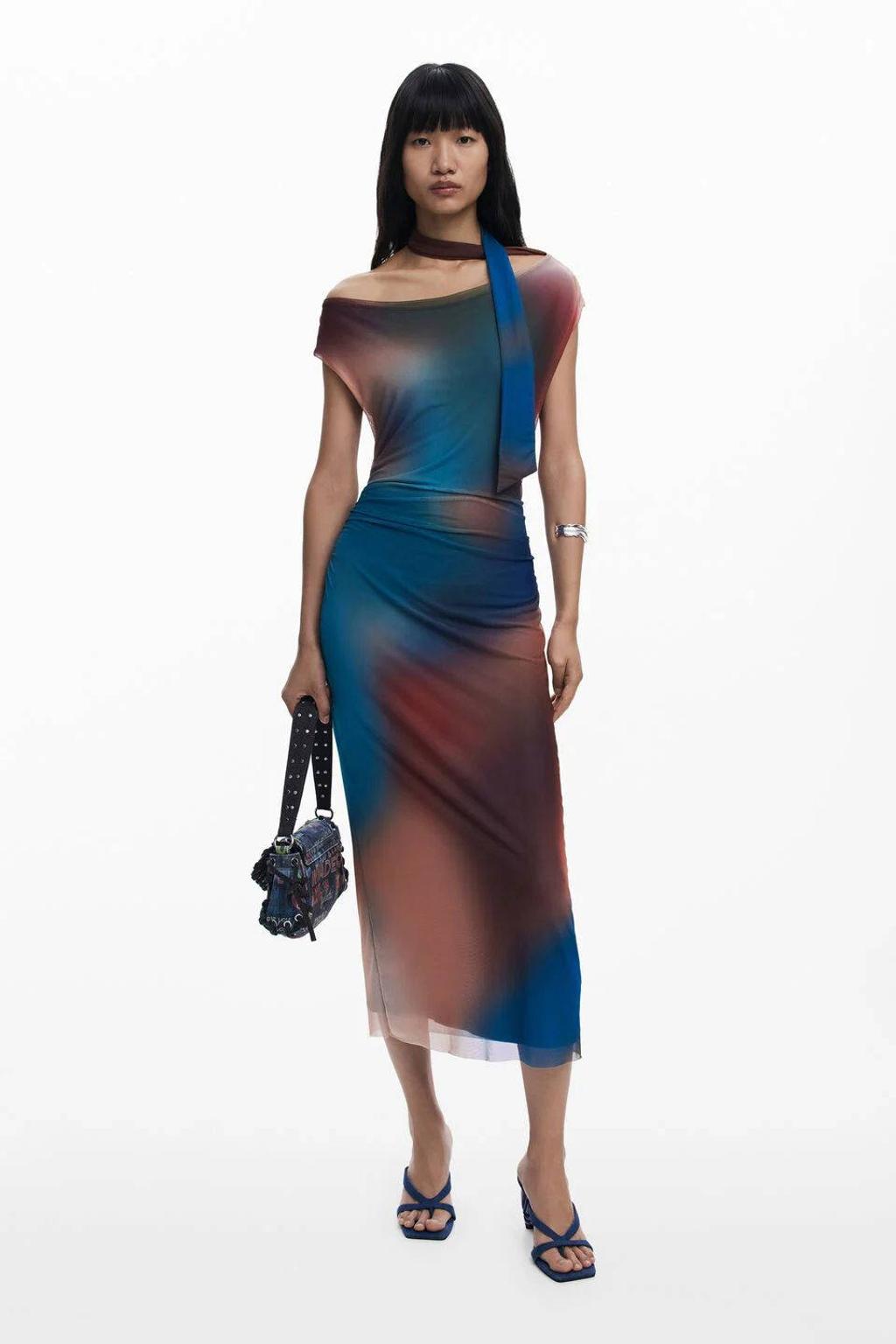 Multikleurige dames Desigual mesh midi jurk met korte mouwen, boothals en plooien