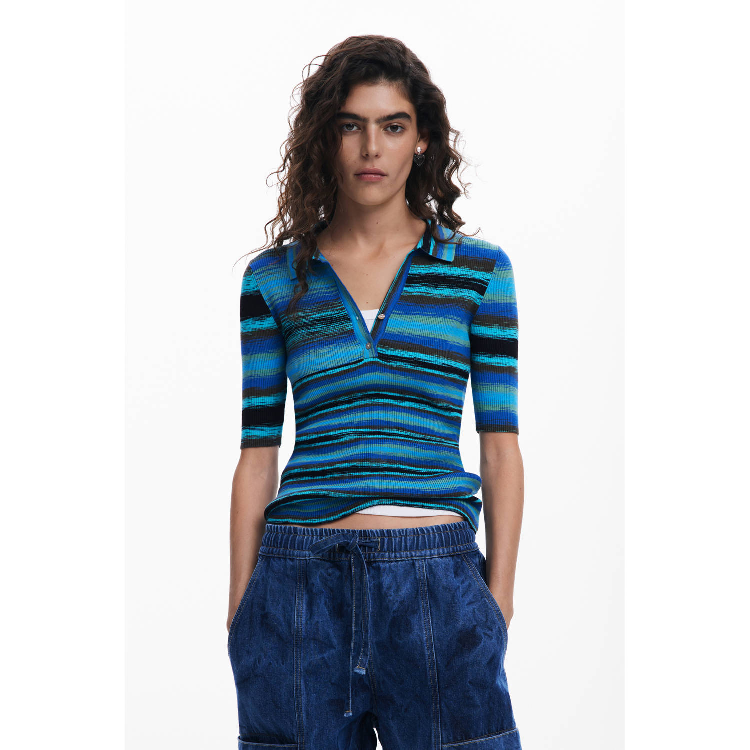 Desigual top blauw rib gebreid
