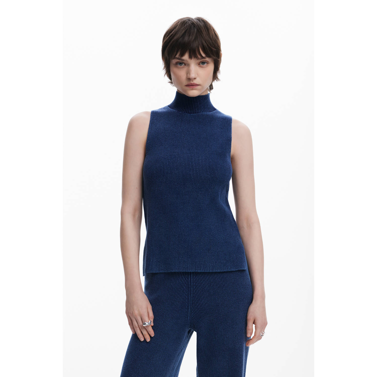 Desigual top met col donkerblauw rib gebreid
