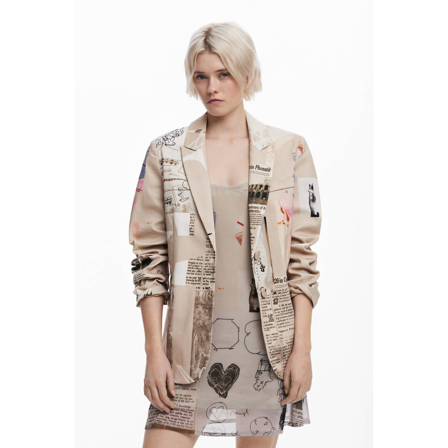Desigual Gedrukte katoenen blazer met reverskraag Beige Dames
